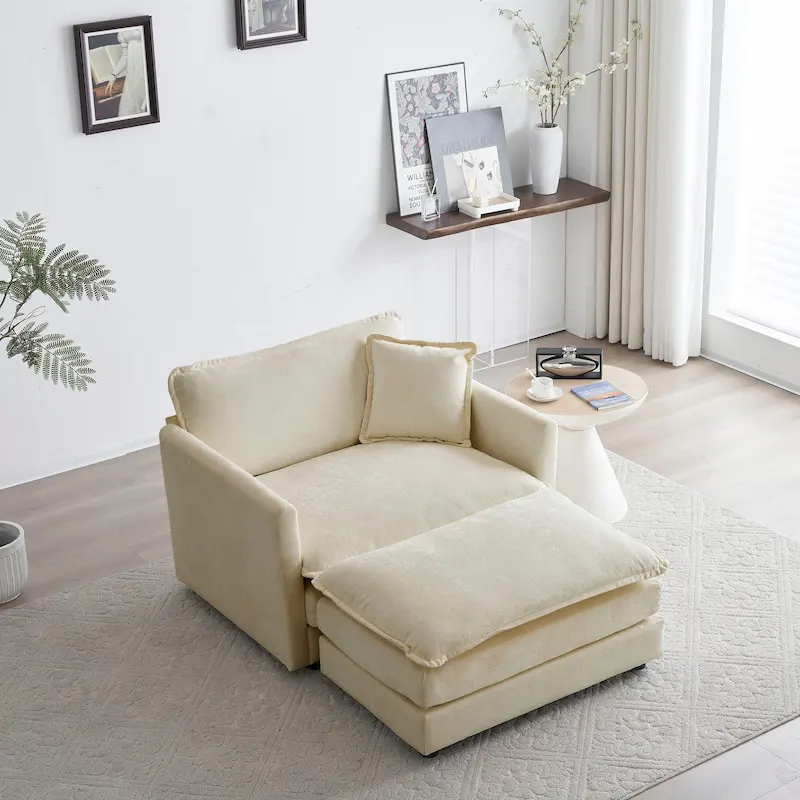 Accent Chair with Ottoman - Chenille Fabric, Solid Wood Frame, 41.4W x 33H, 300 lbs Capacity