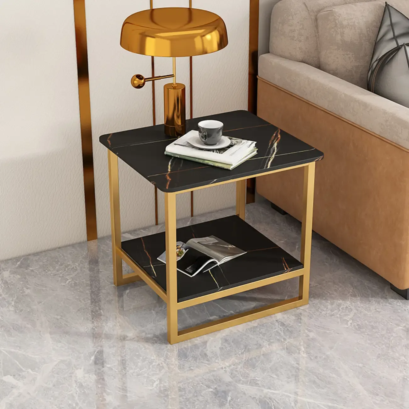 Glam Black Marble Side Table with Storage for Living Room
