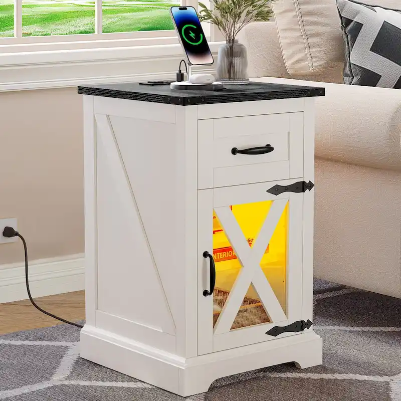 Moasis LED End Table with Shelf and Drawer, Side Table with Charging Station Power Outlet