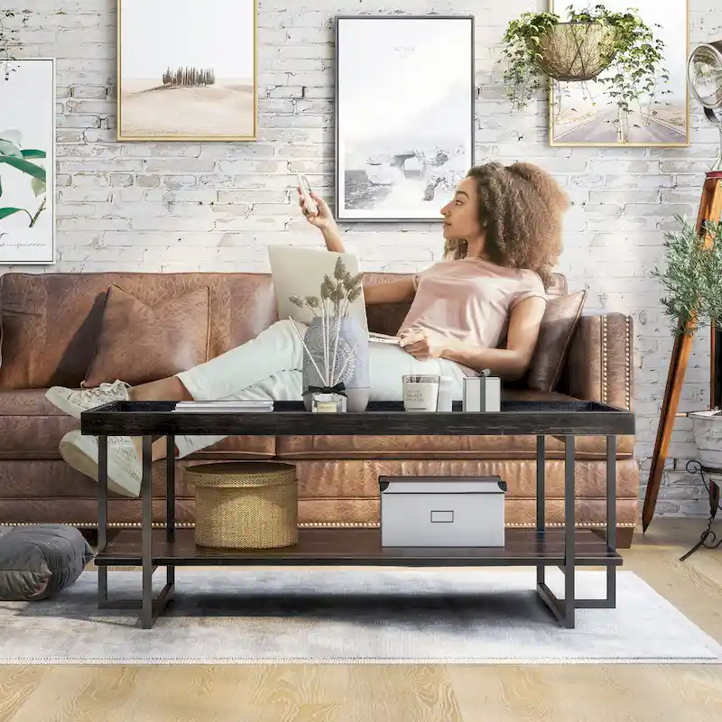 Alivia Rustic Black 47-inch Steel 1-Shelf Coffee Table by Furniture of America