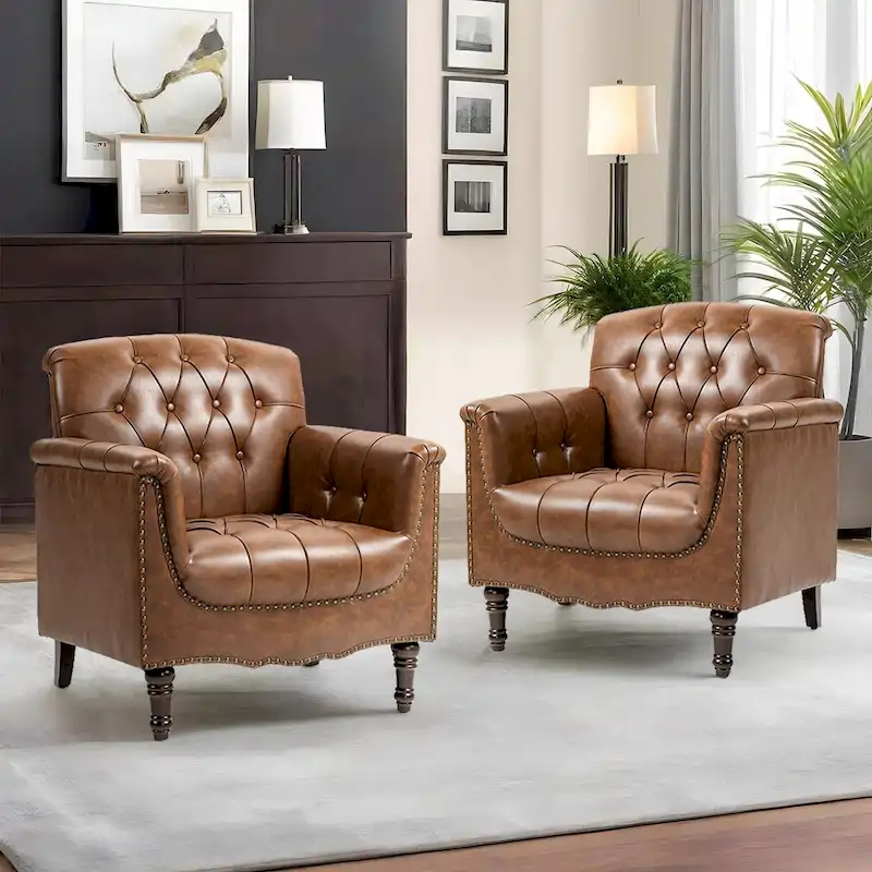 Modern Tufted Accent Armchair with Nailhead Trim Set of 2
