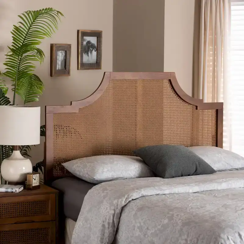 Risha Mid-Century Modern Ash Walnut Finished Wood and Rattan Headboard