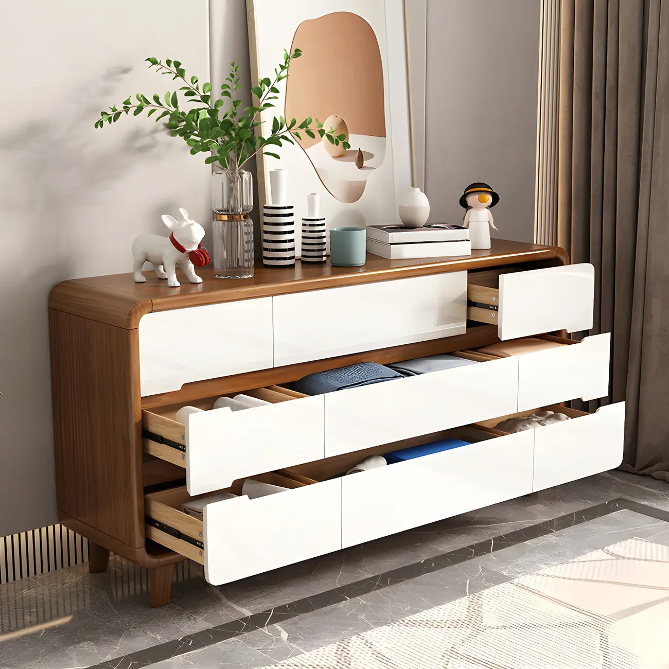 Traditional White-Brown Wooden Double Dresser Arched Edge
