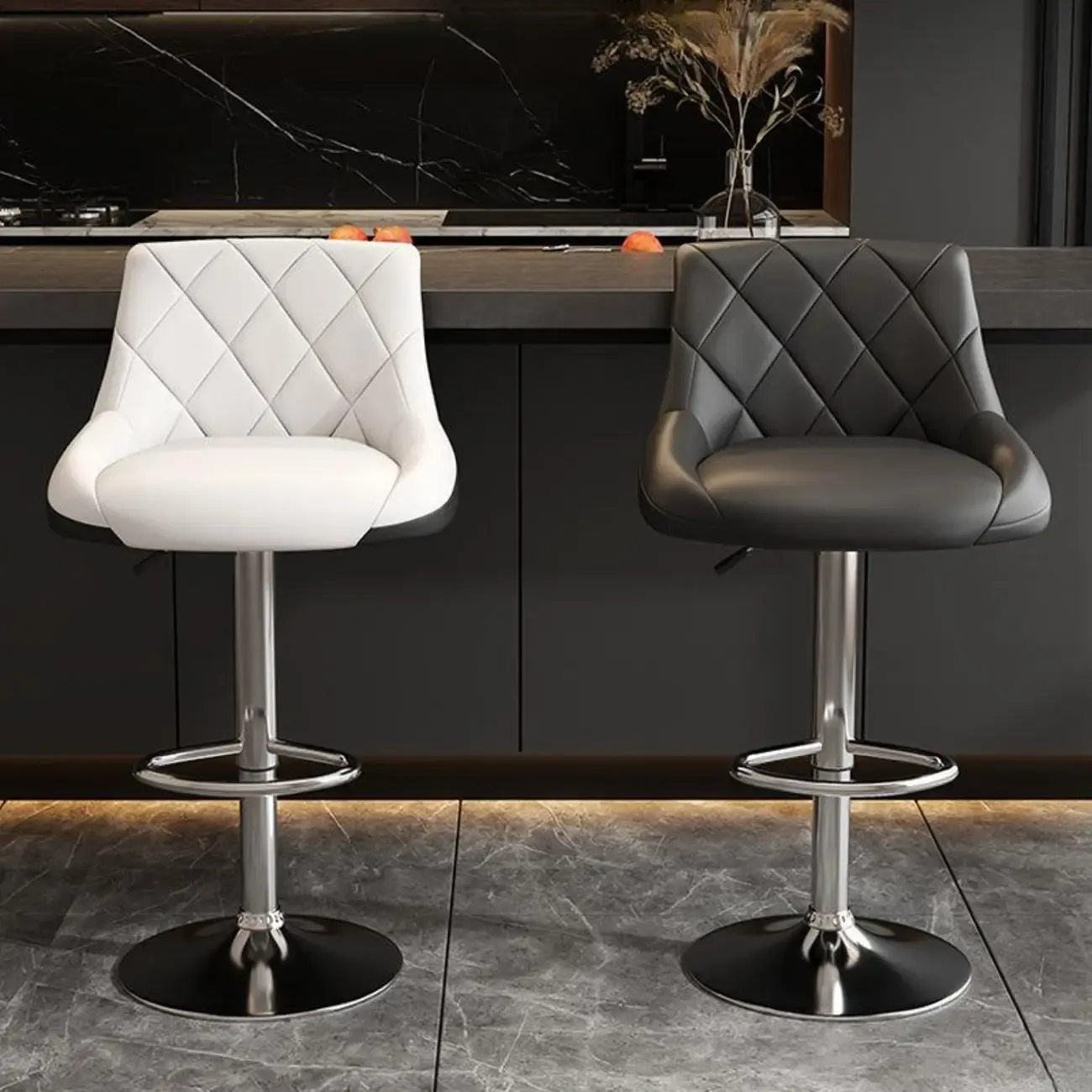 Diamond Tufted Swivel Bar Stool Adjustable Black Red PU Leather