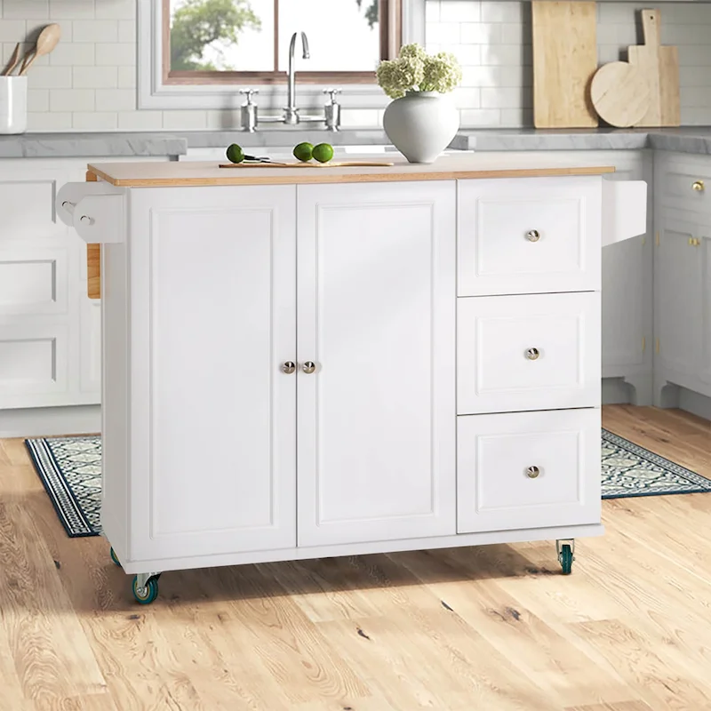 Kitchen Island Cart with Drop-Leaf and Rubber Wood Top, Rolling Kitchen Trolley Cart Cabinet