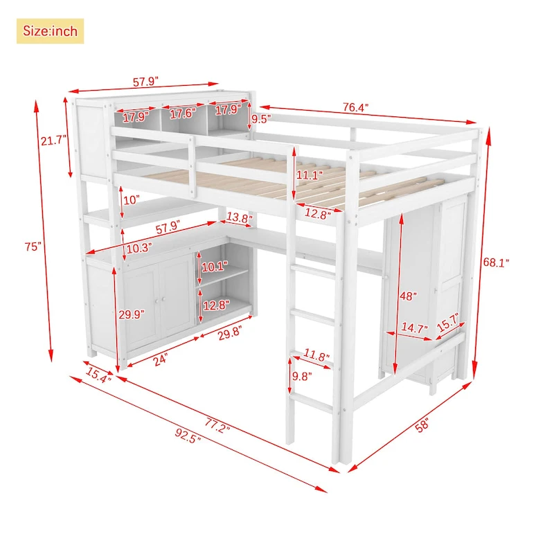 Wood Loft Bed with Cabinet and Bookshelf