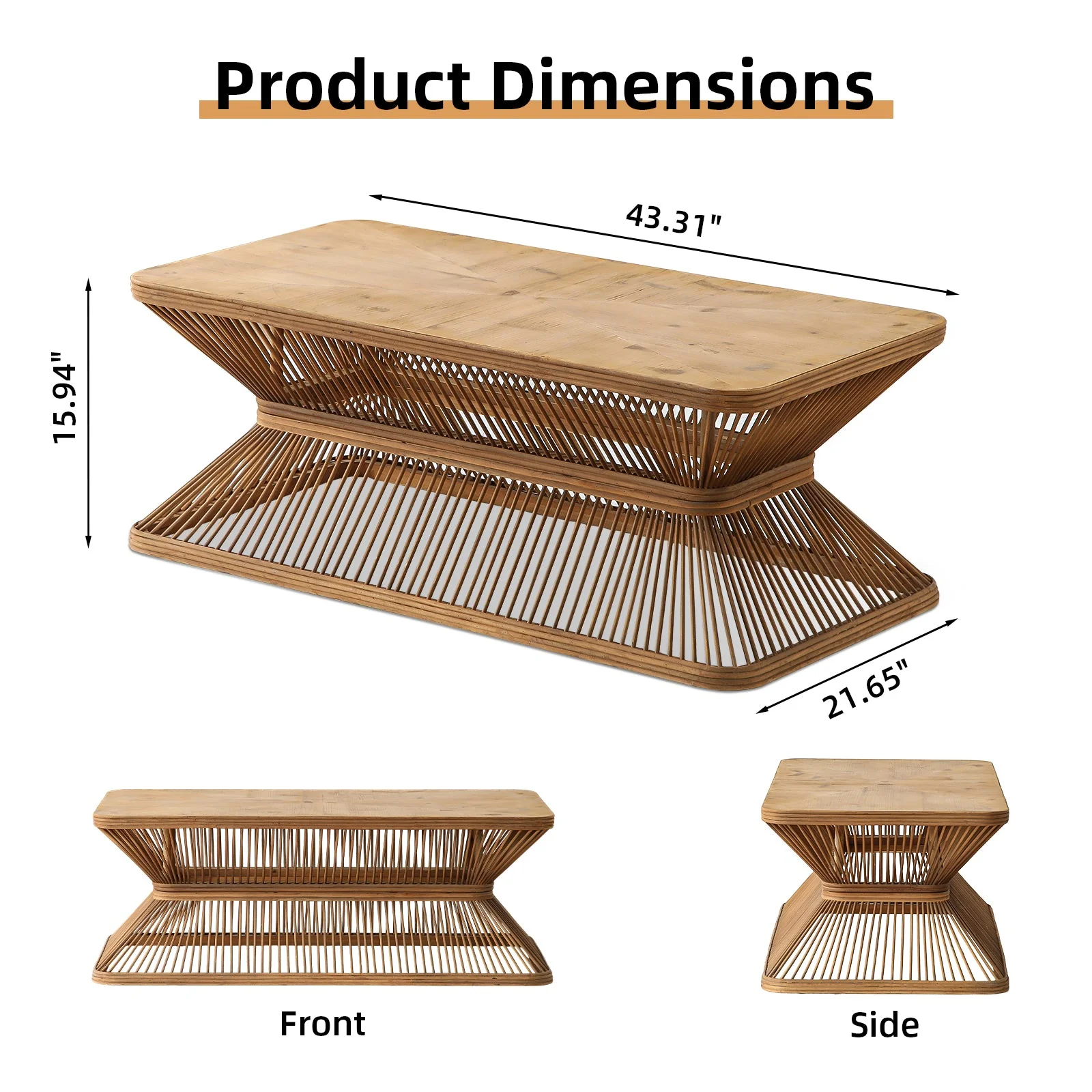 Mid-Century Woven Bamboo Base Modern Coffee Table