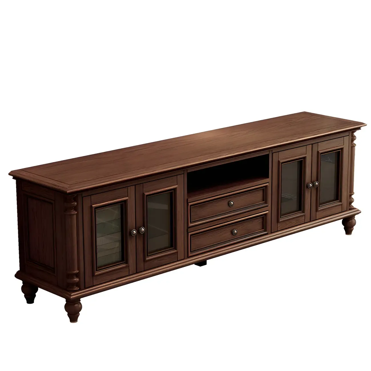 Long Traditional Brown Wooden TV Stand with Cable Management