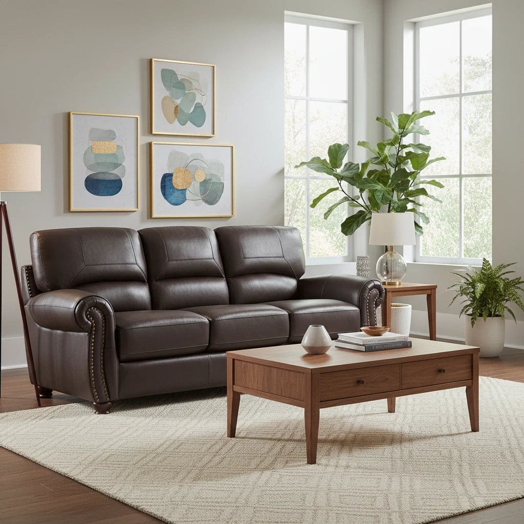 84 Inch Sofa, Dark Brown Top Grain and Faux Leather, Solid Wood