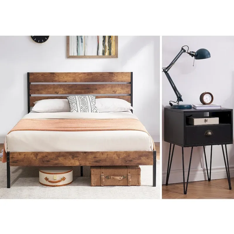 Taomika 3-Pieces Industrial Bed and Modern Square Nightstands Set
