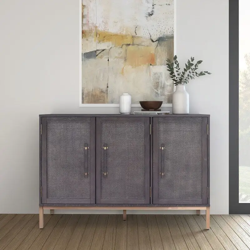 Antique Black 3-Door Rattan Cabinet with Brass Legs