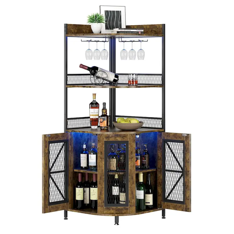 5-Tiers Corner Wine Cabinet with LED Light and Glass Holder