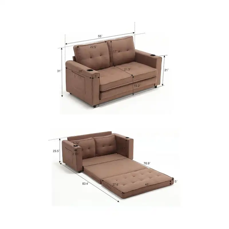 Foldable Tufted Loveseat with Pull Out Bed and Side Pockets
