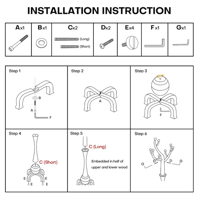 Rubberwood Freestanding Coat Rack with 8 Hooks - 24.5W x 70.87H