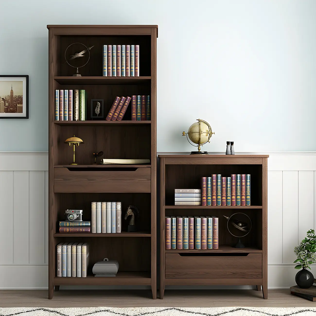 Modern Wooden Bookcase with Adjustable Shelves and Drawers
