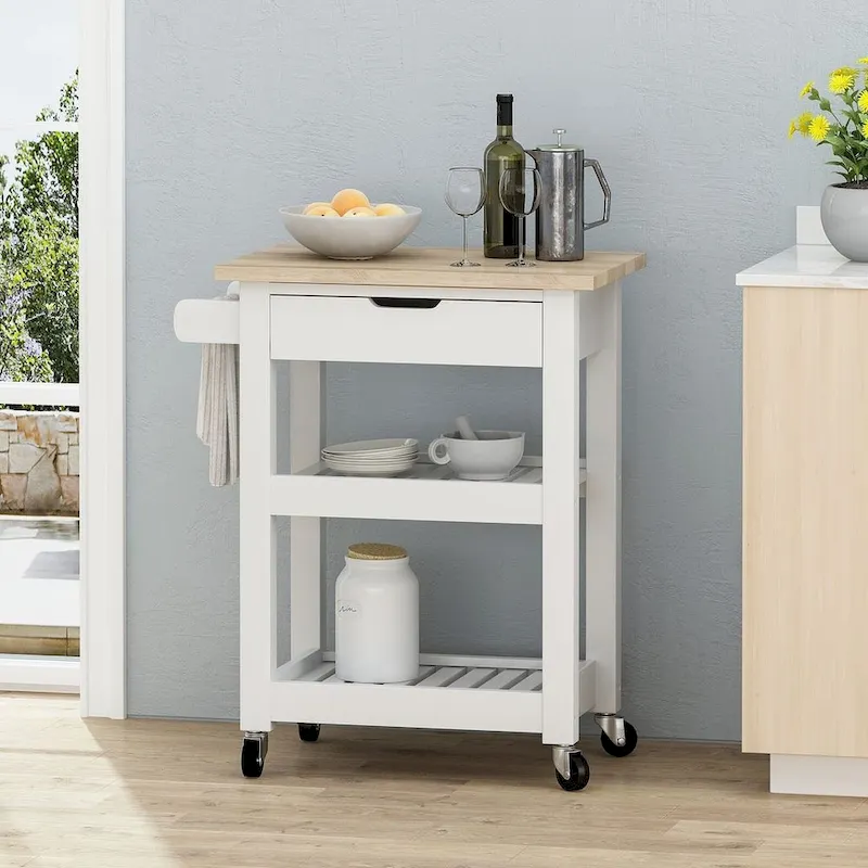 Compact Wooden Kitchen Cart with Wheels Shelves and Drawer