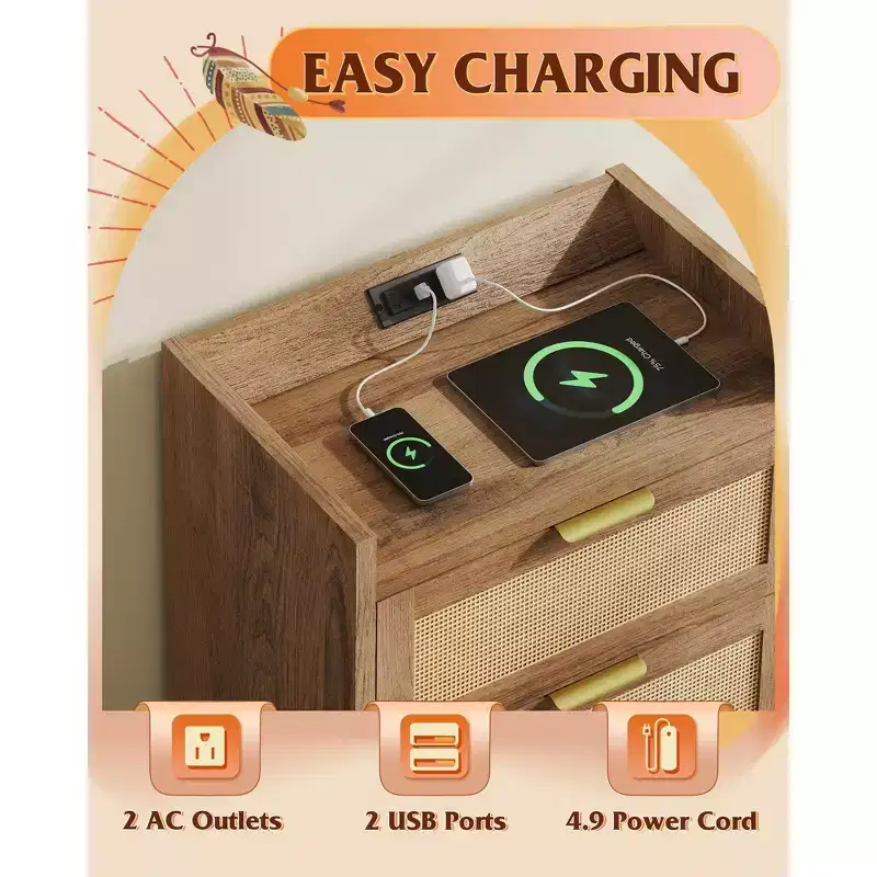GALAXHERO Rattan Nightstands, Night Stand with Charging Station Boho Bed Side Table with 2 Drawers, End Tables Bedroom, Living Room