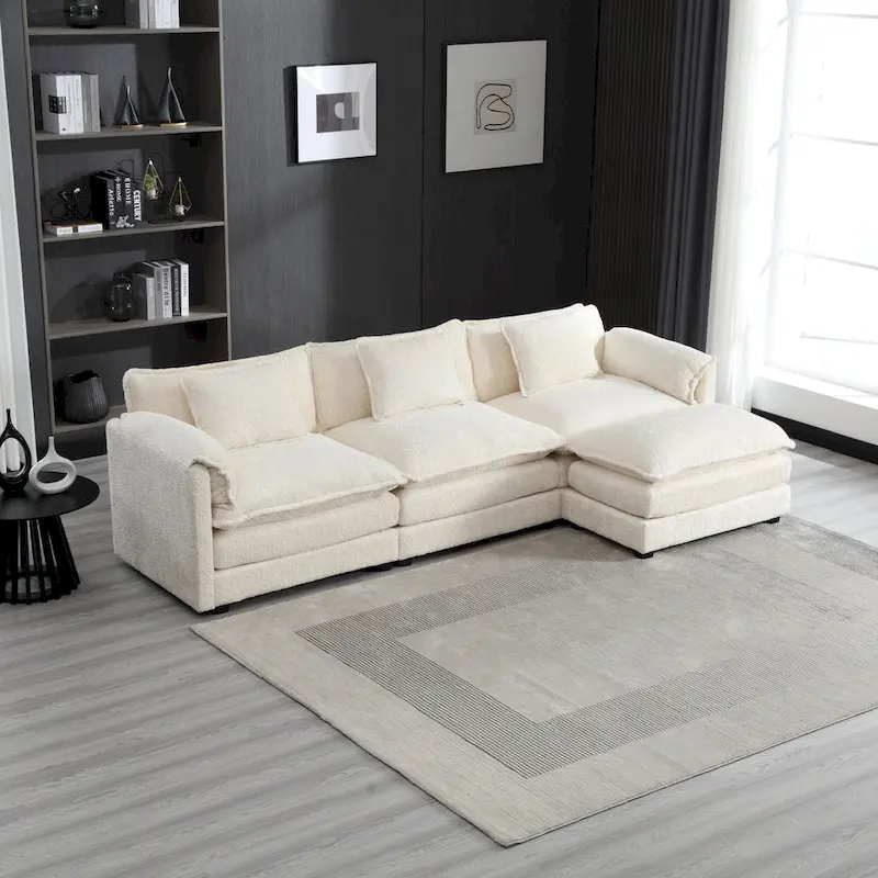 Beige 112.2 L-Shape 4-Seater Sectional Sofa in Modern Boucle Fabric with Removable Cushions and Detachable Armrests