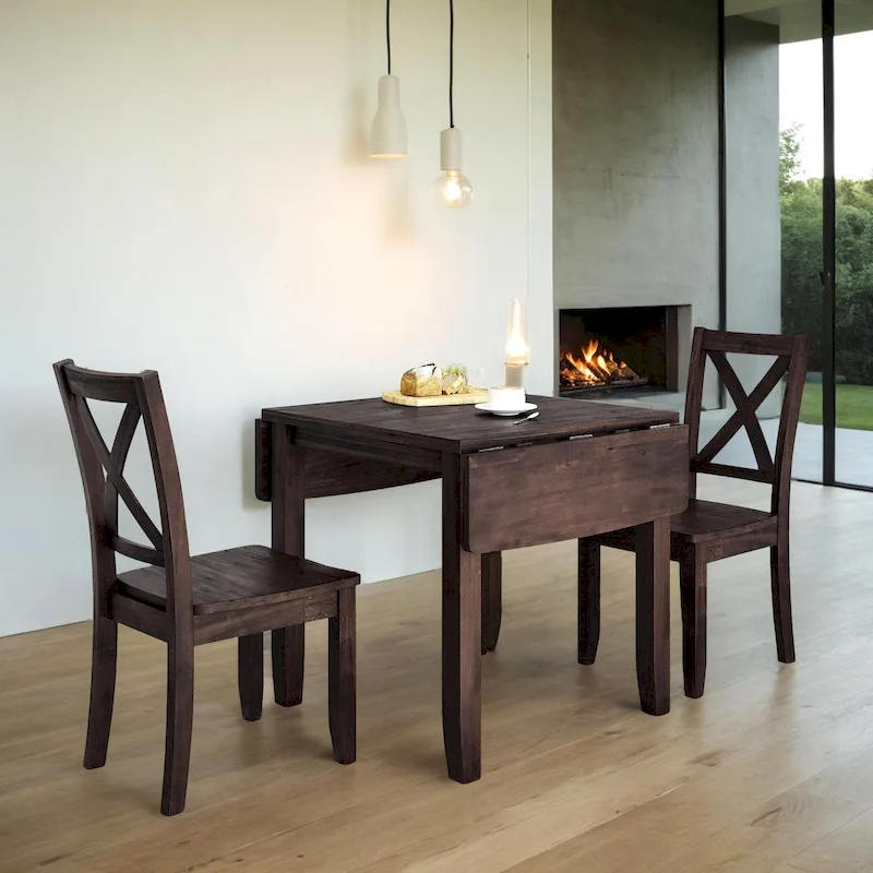 3-Piece Wood Drop Leaf Breakfast Nook Dining Table Set with 2 X-back Chairs for Small Places