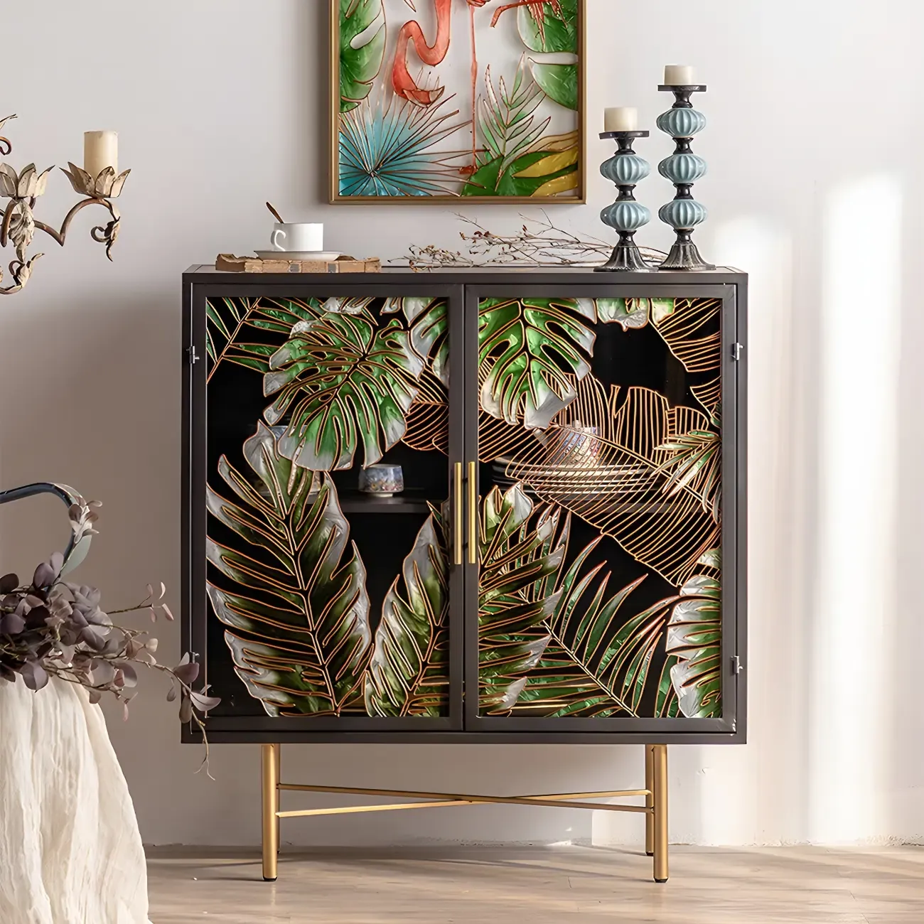 Grey Wood Glass Door China Cabinet with Gold Legs