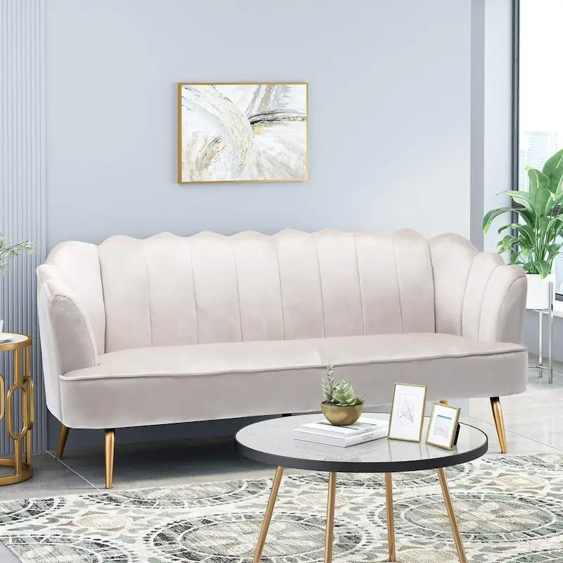 Velvet Channel Stitched 3-seater Sofa with Metal Legs