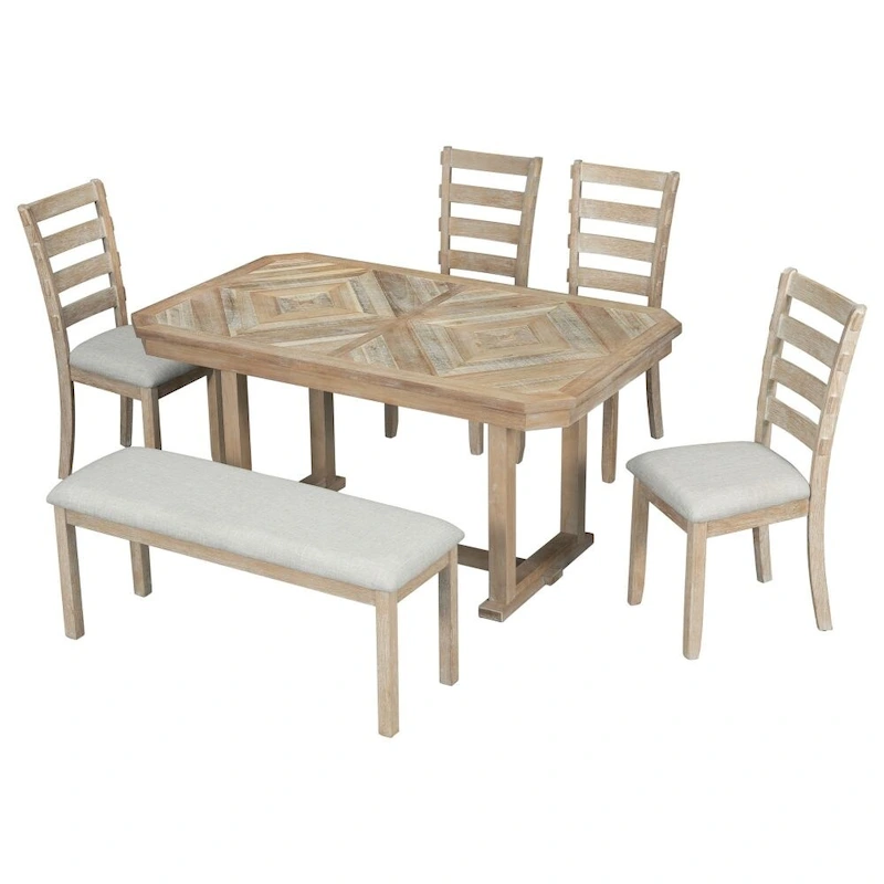 6-Piece Rubber Wood Dining Table Set with Beautiful Wood Grain Pattern Tabletop