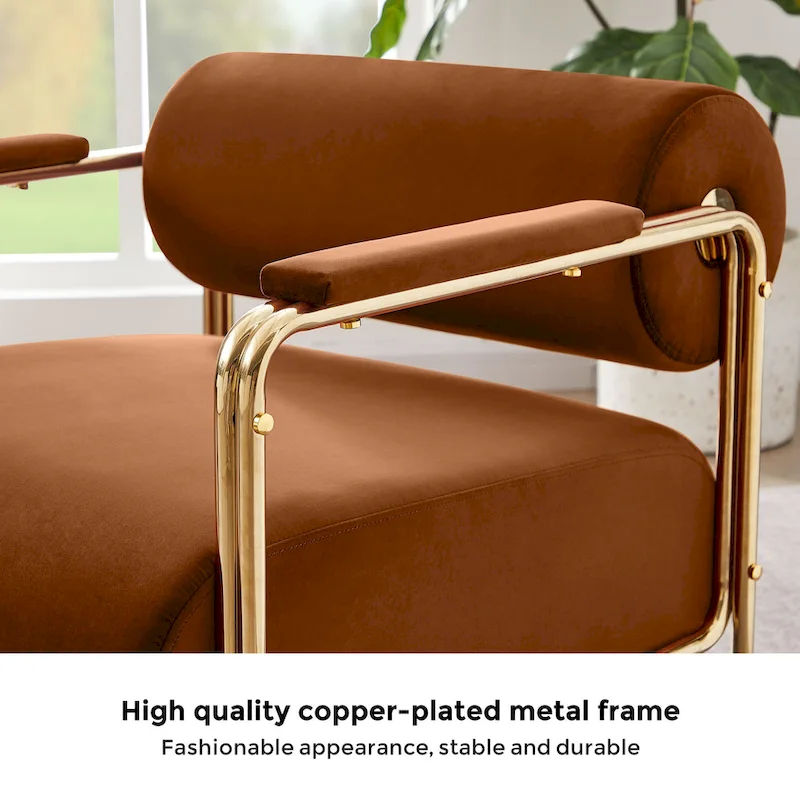 31 Wide Velvet Armchair with Cylindrical Backrest and Metal Frame