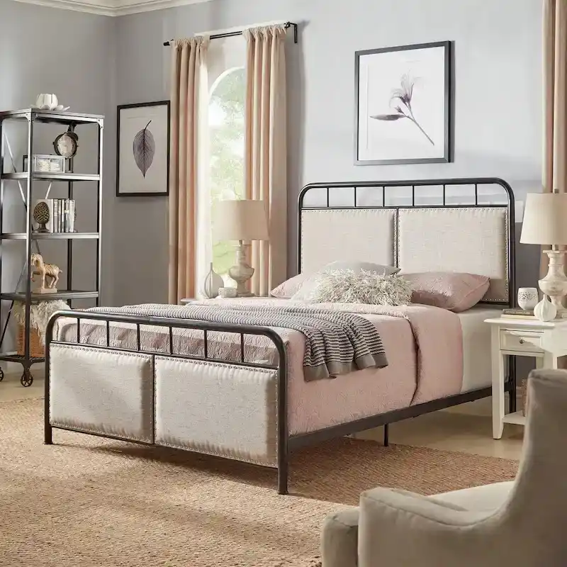 Bridgette Beige Upholstered Black Metal Queen Bed by Classic