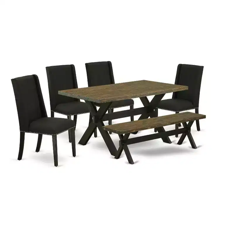 HomeStock 6-Pc Rectangle Distressed Jacobean Finish Solid Wood Top Dining Table with 1-Bench, 4-Chairs