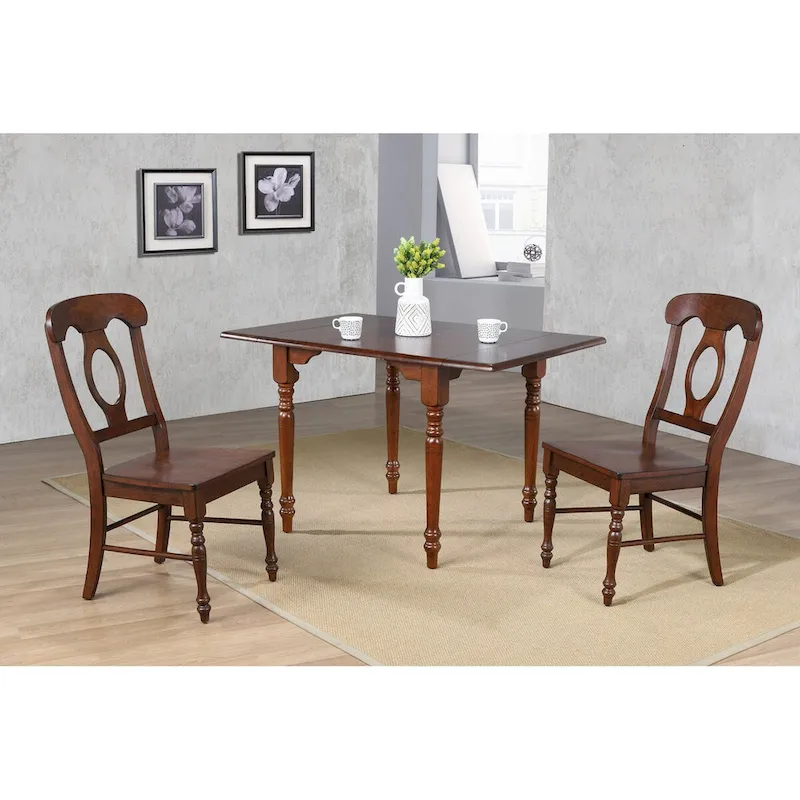 Andrews 3-Piece Solid Wood Top Distressed Chestnut Brown Dining Table Set with Expandable Drop Leaf and Napoleon Chairs