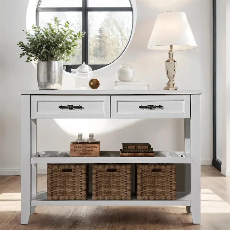 42 Wood Sofa Table with 2 Storage Drawers and 2 Tiers Shelves