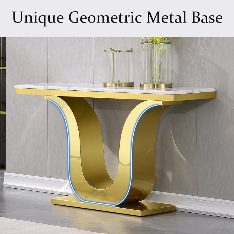 50 inch Luxury Console Table Rectangle Living Room White Sofa Entryway Table with Stainless Steel U Base