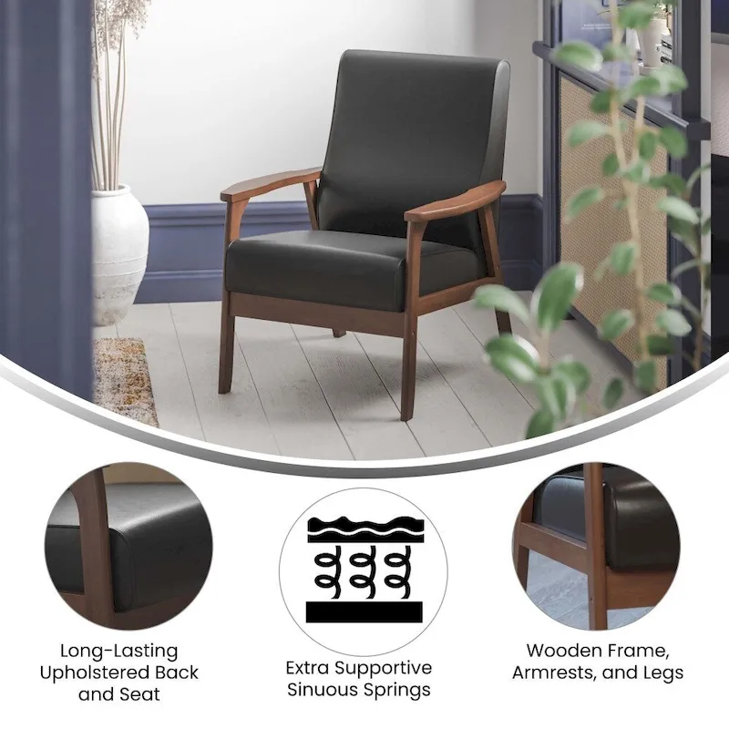 Mid-Century Modern Armchair with Wooden Frame and Faux Leather Cushions