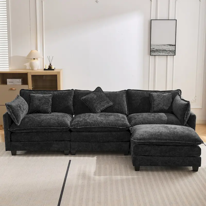 L-Shape Chenille Upholstered Sofa with Ottoman