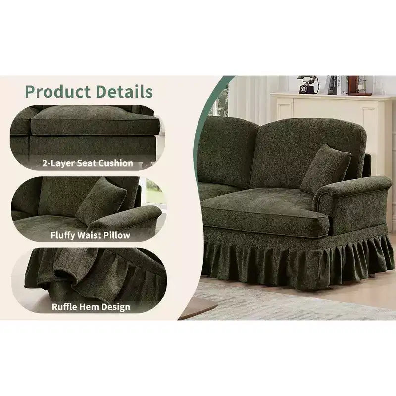 MooxvMoo 107in Chenille Midcentury Modern Sofa U Shaped Couch, with Detachable Ruffle Hem, Sectional Couches W/ Throw Pillows & 2 Ottoman, Green