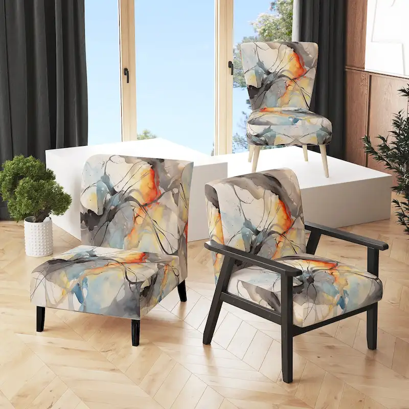 Designart Marble Serenity Colorful Gray Watercolor Waves I Upholstered Abstract Shapes Accent Chair and Modern Arm Chair