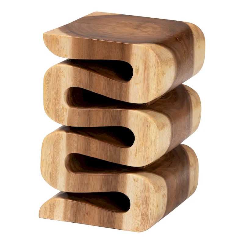 Eliada Hand-carved Suar Wood Side Table - Wavy Sculptural Accent Table, Modern Boho Style for Living Room or Bedroom