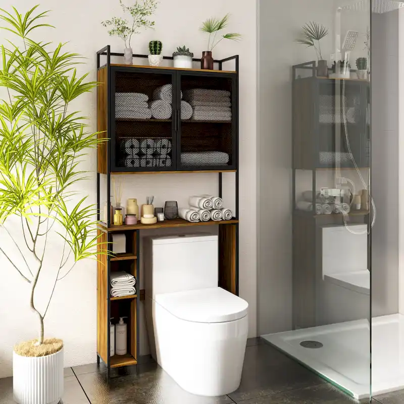 Over-the-Toilet Storage Cabinet, Dark Brown, MDF & Iron Mesh, Adjustable Shelf, Tissue Rack