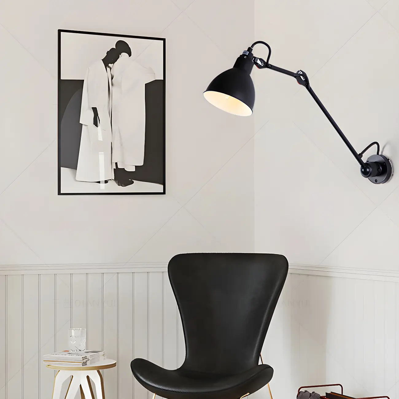 White Inner Shade Black Metal Swing Arm Wall Light