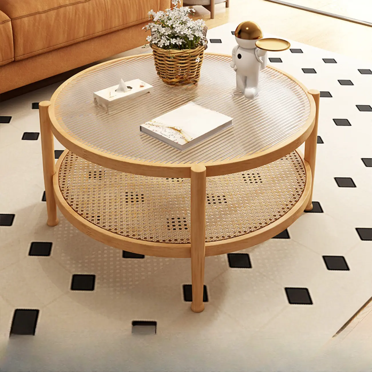 Modern White Rectangle Glass Coffee Table with Shelf