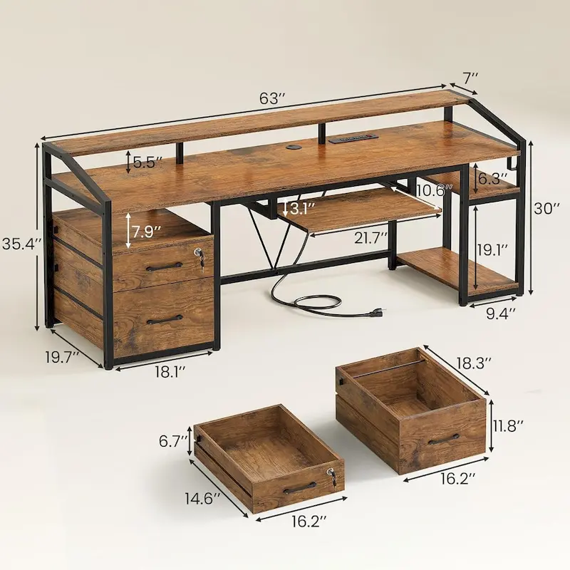 LED Computer Desk With Lock Drawers Keyboard Tray Power Outlet