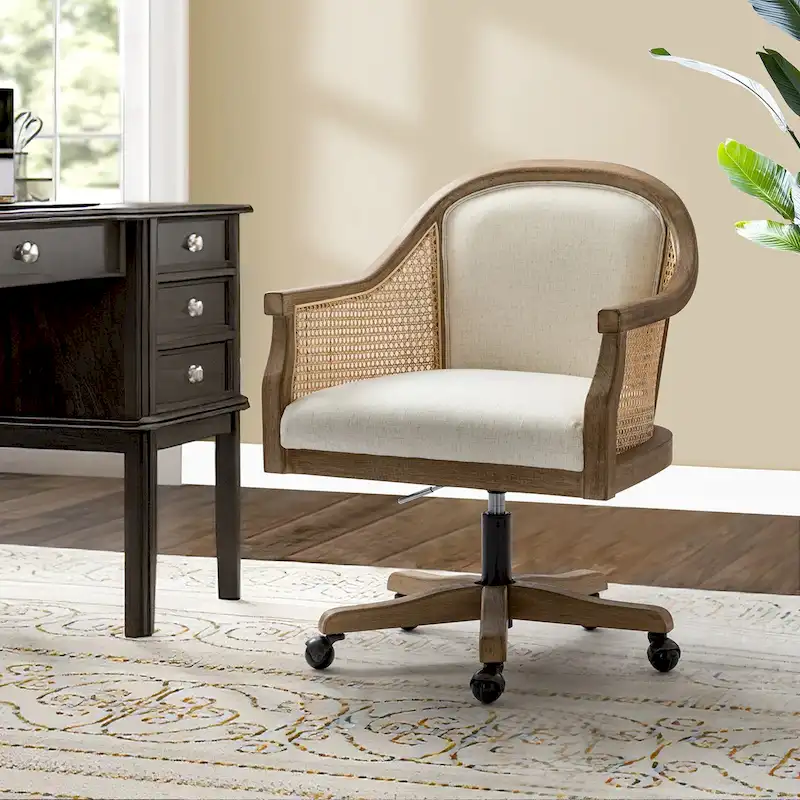 Farmhouse-Style Rattan Office Chair — 360° Swivel, Adjustable Height, Rubberwood Construction