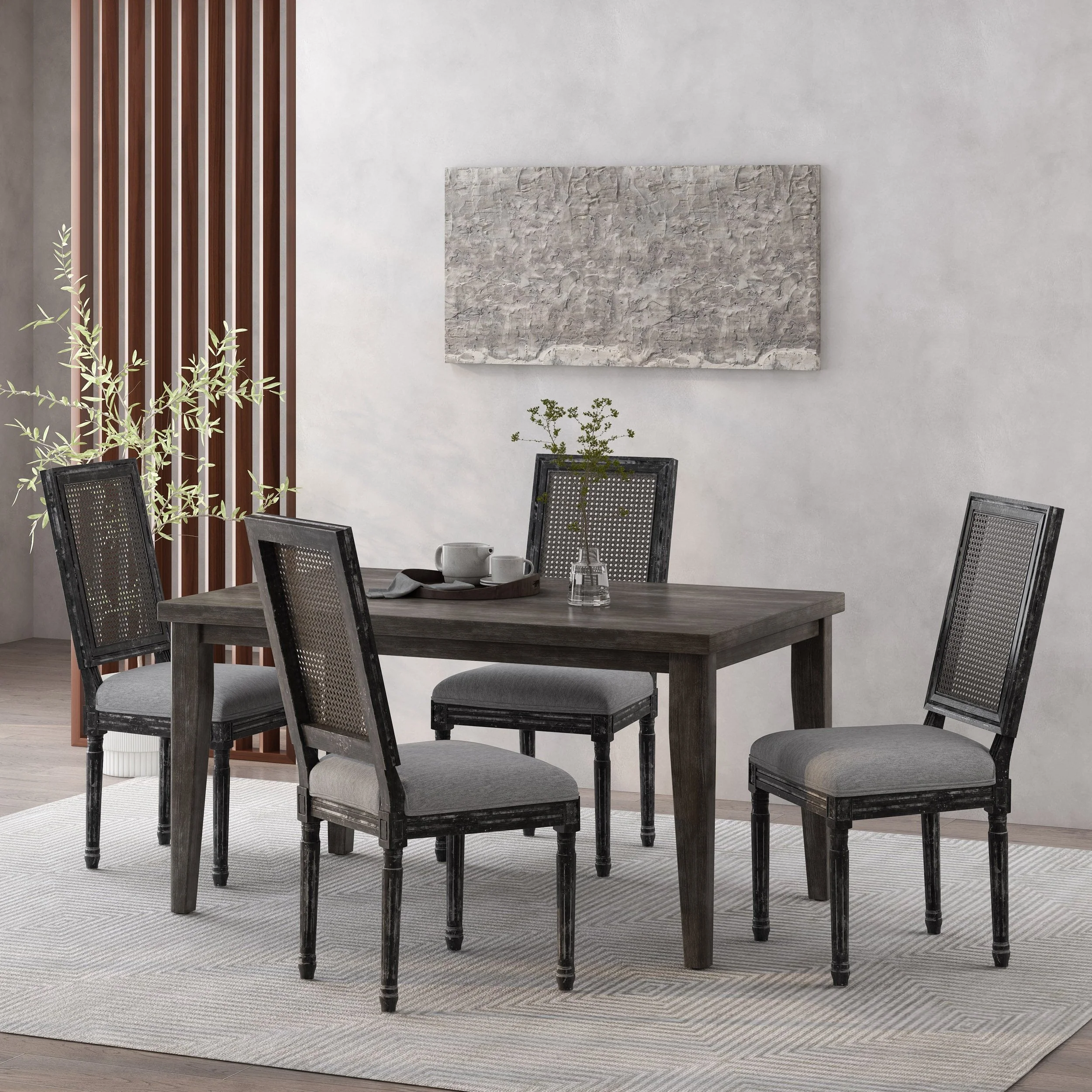 French Country Wood and Cane Upholstered Dining Chair, Set of 4 - NH494513