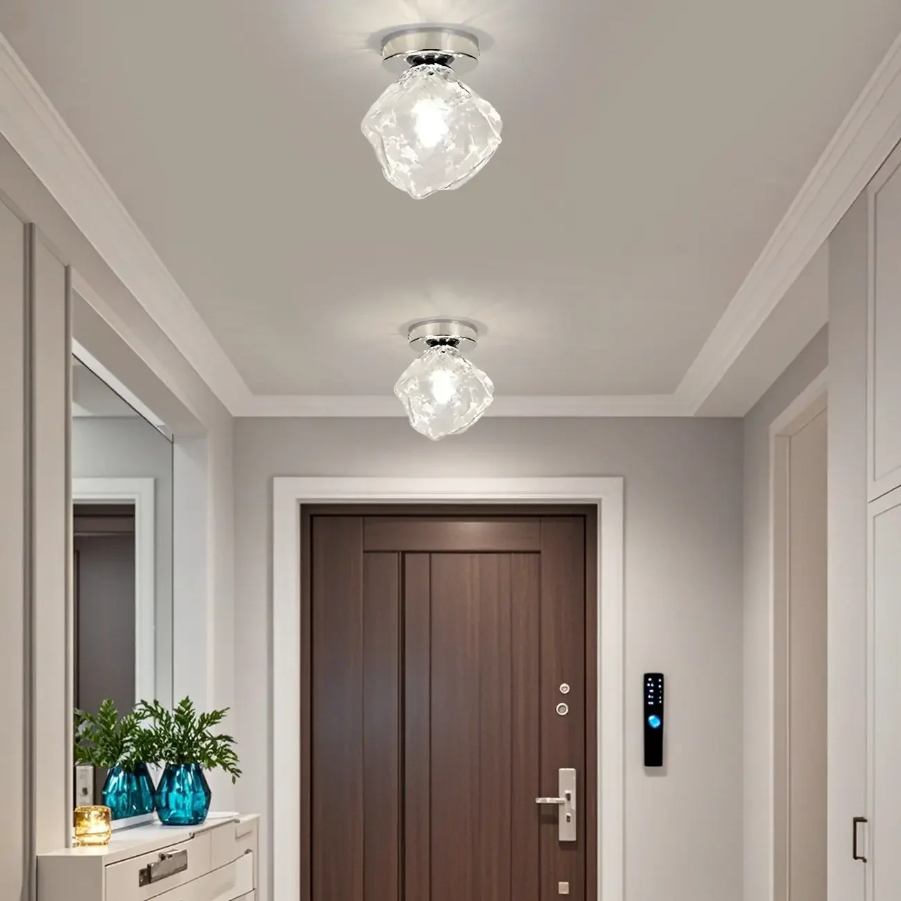 Clear Glass Rock Design Hallway Chrome Semi Flush Ceiling Light