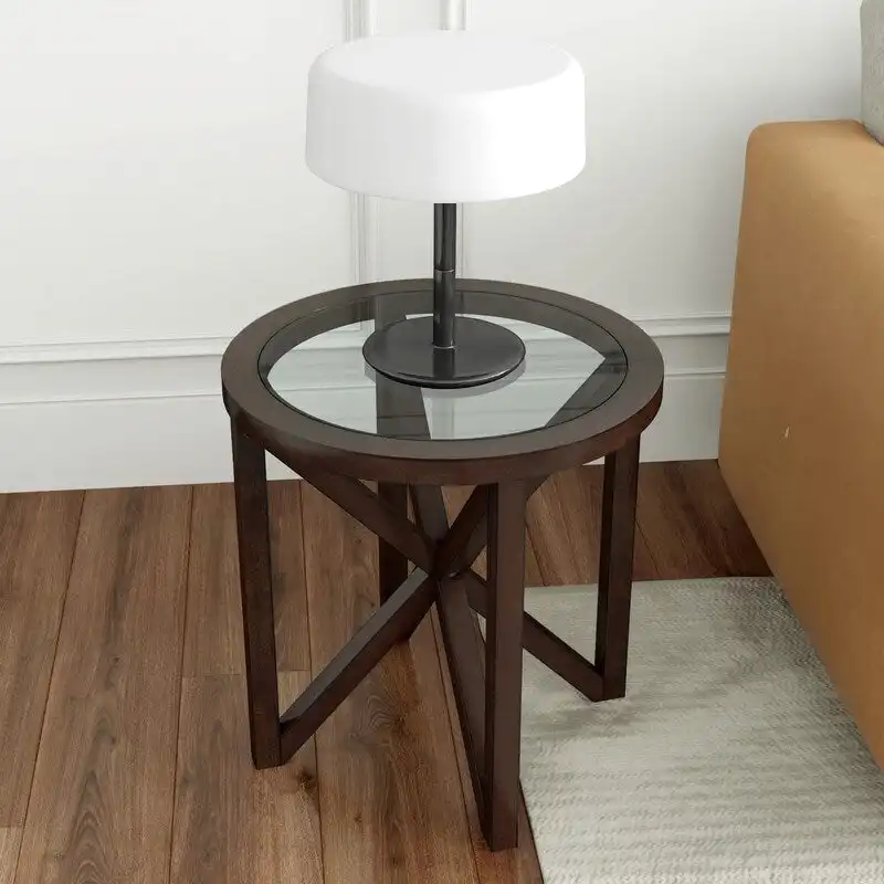 Modern Glass Coffee Table X-Cross Solid Wood Base End Table