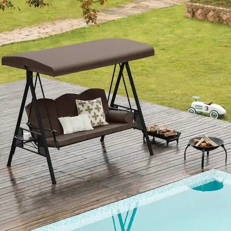 3-Person Metal Patio Swing with Canopy and Cushions - N/A