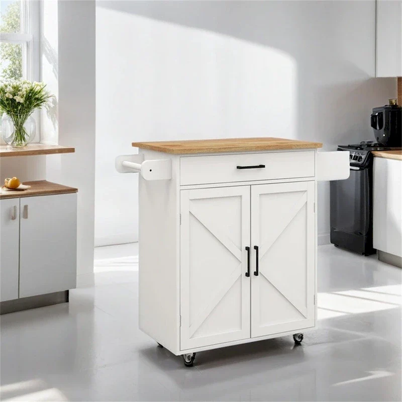 Kitchen Island Rolling Trolley Cart w/Adjustable Shelves,Wood Tabletop