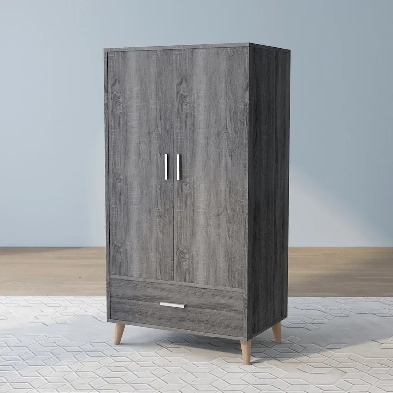 DH BASIC Mid-Century Modern Distressed Grey 1-Drawer Wardrobe Armoire by Denhour