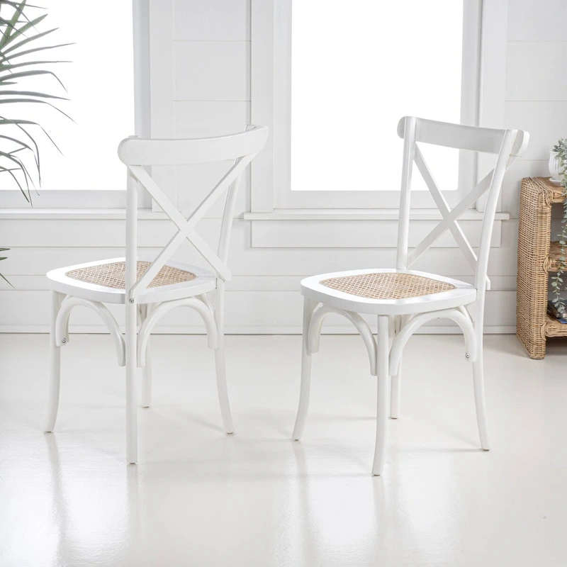 Colmar Classic Traditional X-Back Wood Rattan Dining Chair, Natural (Set of 2) by JONATHAN Y