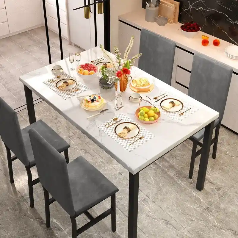 Grondin Modern Style Faux Marble Top 5-Piece Casual Dining Set with 4 Velvet Upholstered Dining Chairs
